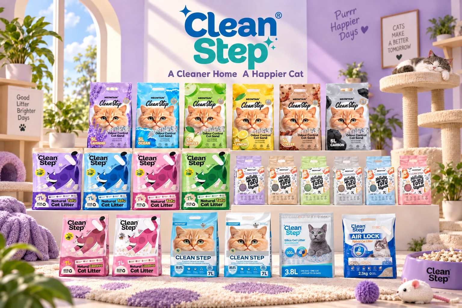 벤토나이트, 두부, 카사바, 실리카 및 Air Lock 하이브리드 제품을 포함한 Clean Step 고양이 모래 제품군