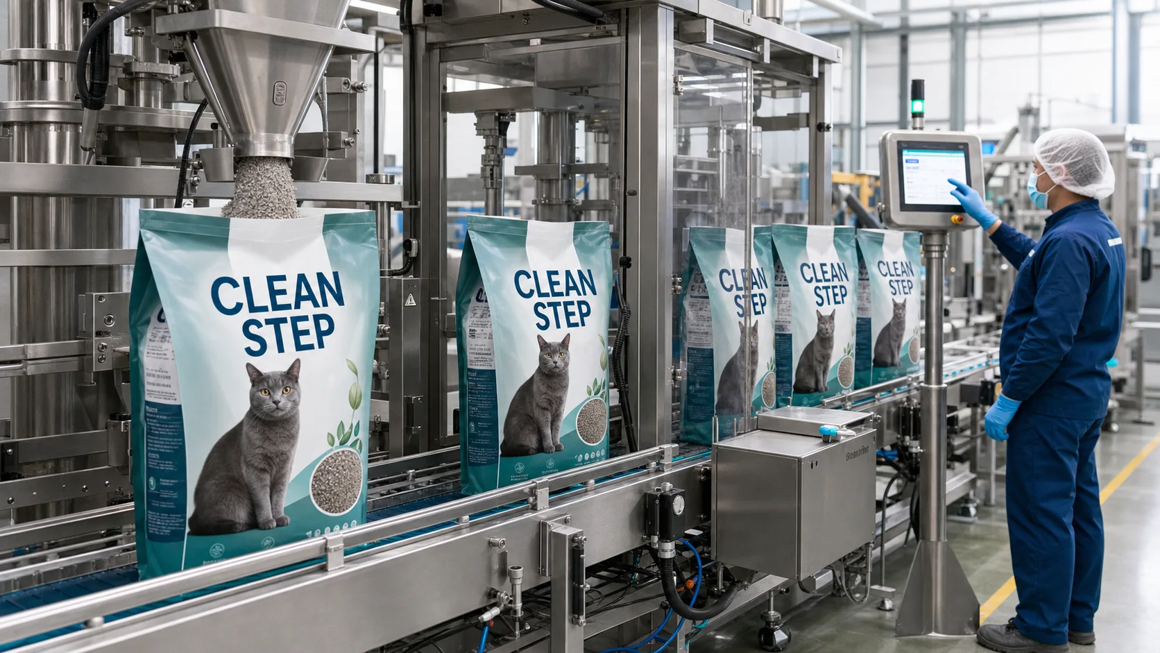 Clean Step cat litter on an automated packing and conveying line