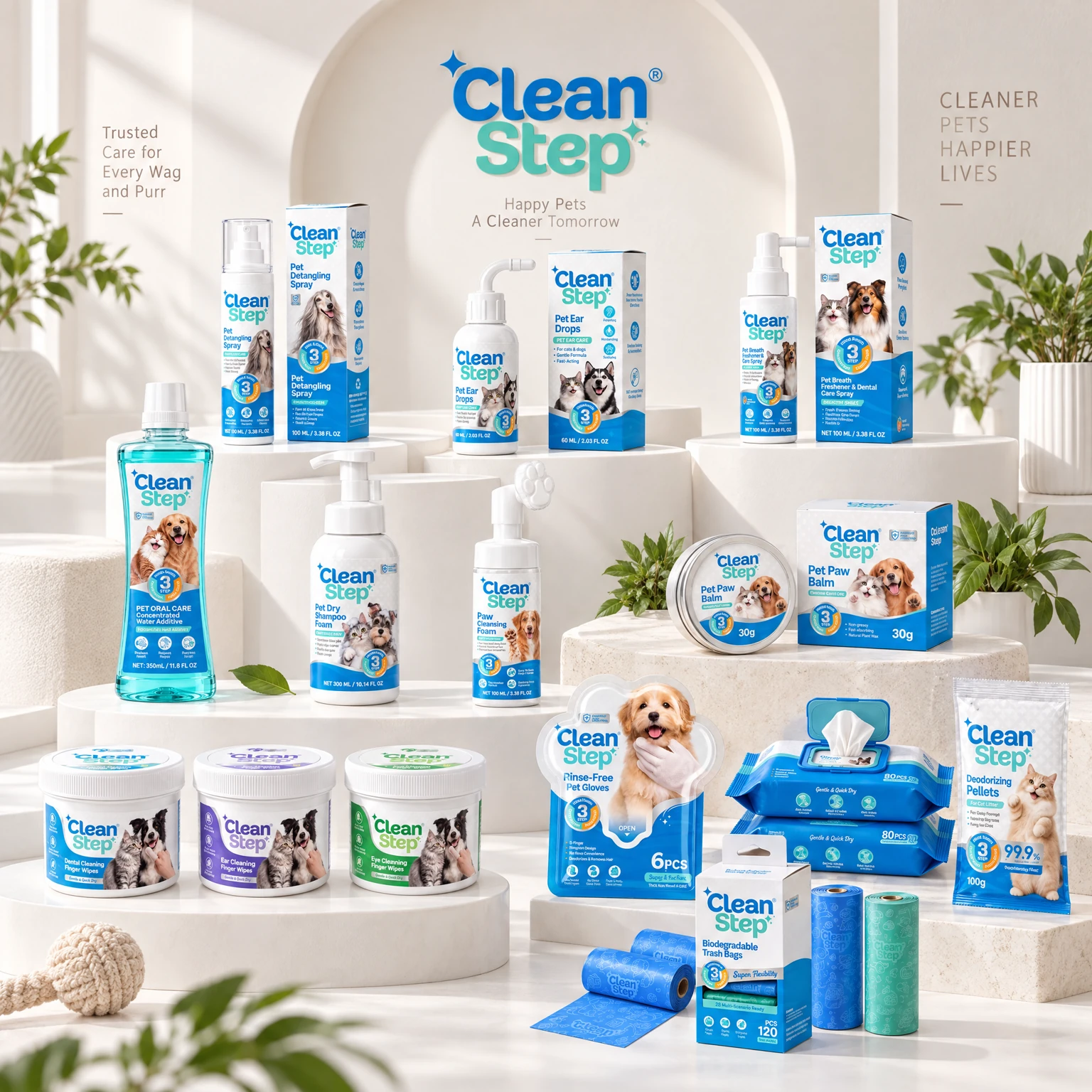 عائلة Clean Step لتنظيف الحيوانات الأليفة والعناية اليومية بما في ذلك العناية بالمخالب والمناديل المبللة والقفازات وأكياس النفايات