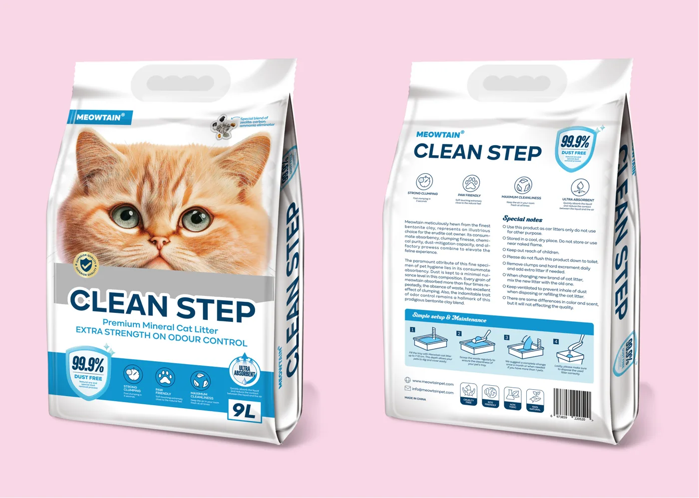 تعبئة رمل القطط من مادة البنتونيت الصوديوم القياسية Clean Step