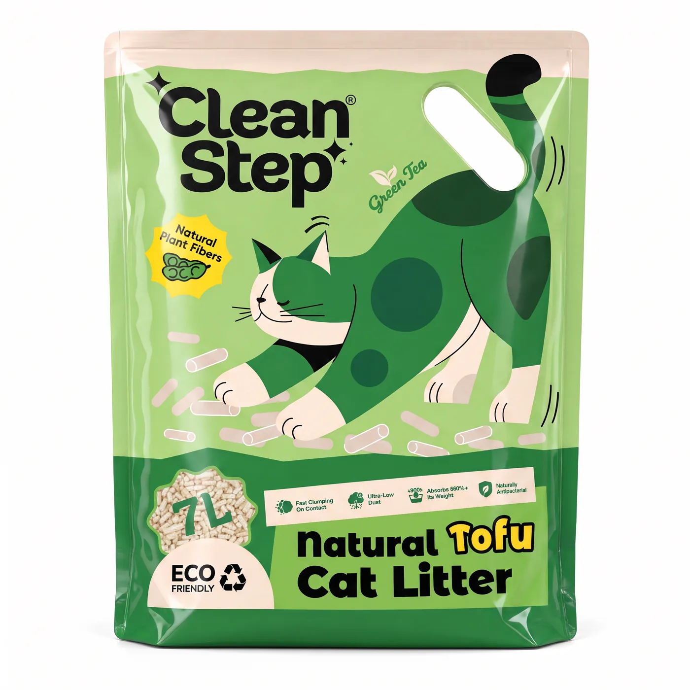تغليف رمل القطط من Clean Step بالشاي الأخضر والتوفو